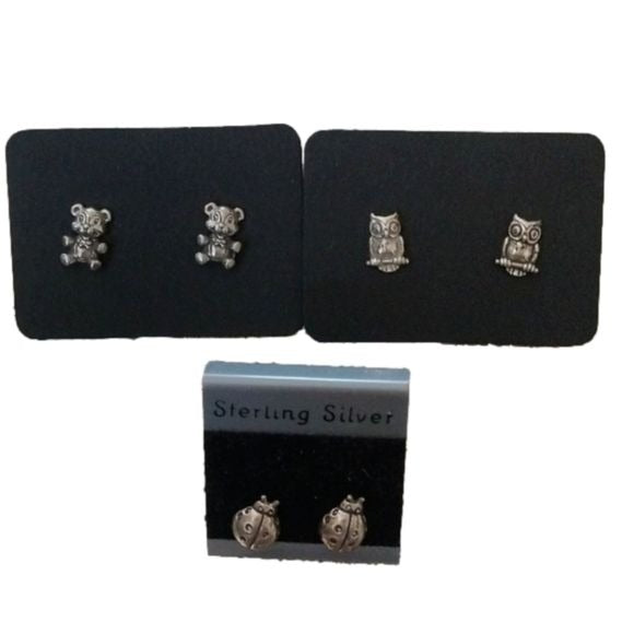 Sterling Silver Stud Owls, Teddy Bears + Ladybugs Earrings, 3 pair
