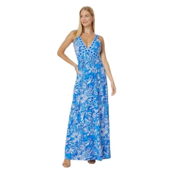 Lilly Pulitzer Serena V-Neck Maxi Dress Blue Tang, Flocking Fabulous, Size 16