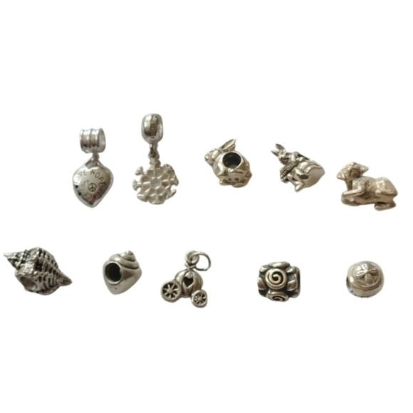 Sterling Silver Bracelet Charms, Set of 10: Shells, Rabbits, Dog, Snowflake ++