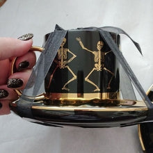 Load image into Gallery viewer, Halloween Elegance Black + Gold Whimsical Skeletons Posing Coffee Tea Cups + Saucers, Set2