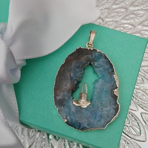 Artisan Sterling Silver Geode Slice with Inner Peace Quartz Crystal Pendant