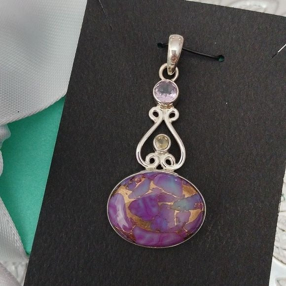Sterling Silver, Mojave Purple Turquoise, Citrine + Amethyst Oval Pendant