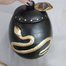 Load image into Gallery viewer, Halloween Elegance Black + Gold Serpents + Roses Coffee Tea Cups + Sauce with Lg. Canister

