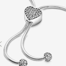 Load image into Gallery viewer, Pandora Moments Pavé Heart Clasp Snake Chain Slider Bracelet 11" adjustable