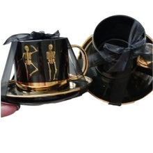 Load image into Gallery viewer, Halloween Elegance Black + Gold Whimsical Skeletons Posing Coffee Tea Cups + Saucers, Set2