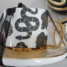 Load image into Gallery viewer, Halloween Elegance Black + Gold Serpents + Roses Coffee Tea Cups + Sauce with Lg. Canister