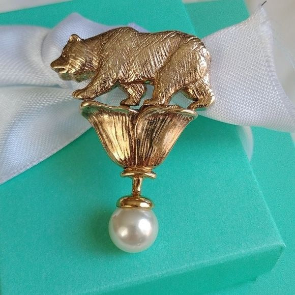 Signed Vermeil Sterling Silver California Grizzly Bear, Poppy and Pearl Brooch