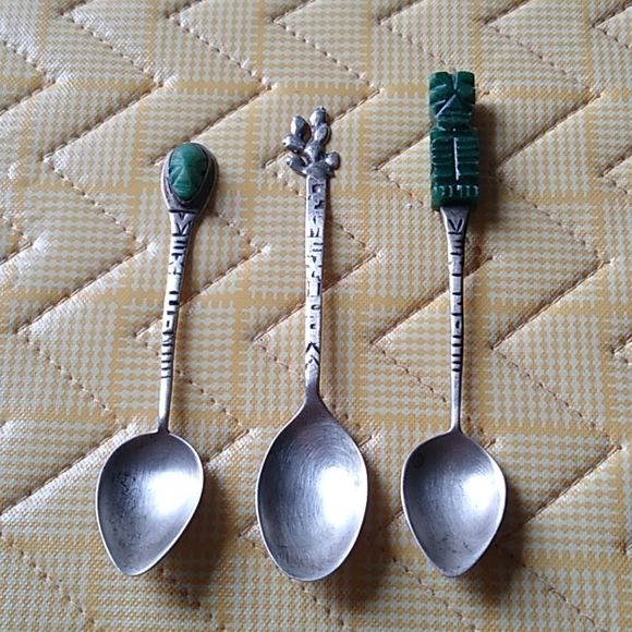 Set of 3 Vintage Mexico Sterling Silver Collectible Spoons, Green Stones