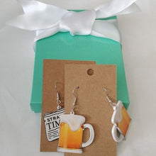 Load image into Gallery viewer, Strange Times Newspaper + Frosty Beer Mug Earrings, set of 2