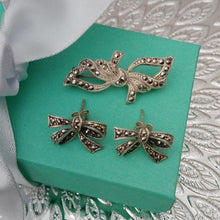 Load image into Gallery viewer, Vintage Sterling Silver and Marcasite Bow Earrings + Brooch Set
