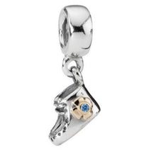 Load image into Gallery viewer, Pandora Sterling Silver and 14k Gold Baby Booty Dangle w/ Blue CZ 790403czb