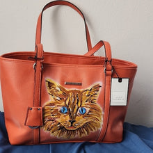 Load image into Gallery viewer, Dana Buchman Vibrant Orange Bella Tote with OOAK Kitty Cat Artwork