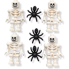 Load image into Gallery viewer, LEGO Spooky Halloween Skeleton Minifigures (Pack of 4) with 3 Black Spiders