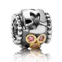 Load image into Gallery viewer, Pandora Sterling Silver + 14K Gold Mom Family Bead w/ Salmon Zirconia 790574czs