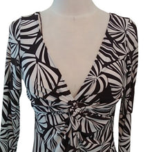 Load image into Gallery viewer, London Times Chocolate Brown +White Palm Pattern Dress Deep Plunge, Size 6