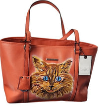 Load image into Gallery viewer, Dana Buchman Vibrant Orange Bella Tote with OOAK Kitty Cat Artwork