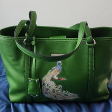 Load image into Gallery viewer, Dana Buchman Green Bella Tote with OOAK Peacock Bird Artwork