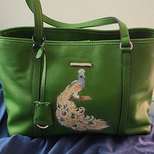 Load image into Gallery viewer, Dana Buchman Green Bella Tote with OOAK Peacock Bird Artwork