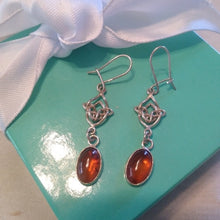 Load image into Gallery viewer, Sterling Silver + Amber Celtic Knot Dangle Earrings, Artisan Made