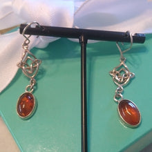 Load image into Gallery viewer, Sterling Silver + Amber Celtic Knot Dangle Earrings, Artisan Made