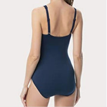 Load image into Gallery viewer, High Neck One-Piece Swimsuit w/ Print Inset. On Your Mark Mix Navy, size 16