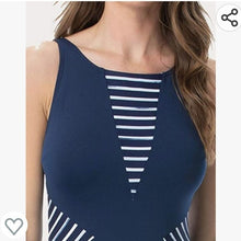 Load image into Gallery viewer, High Neck One-Piece Swimsuit w/ Print Inset. On Your Mark Mix Navy, size 16