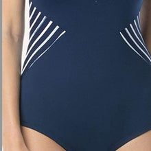 Load image into Gallery viewer, High Neck One-Piece Swimsuit w/ Print Inset. On Your Mark Mix Navy, size 16
