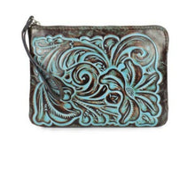 Load image into Gallery viewer, Patricia Nash P349133 Cassini Leather Tooled Turquoise Clutch Wristle…