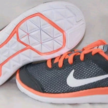 Load image into Gallery viewer, Nike Flex Running Athletic Shoes, 6Y, Dark Grey/White/Total Orange