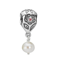 Load image into Gallery viewer, Pandora Sterling Silver Flower with Pink Zirconia and Pearl Dangle - 790546P