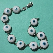 Load image into Gallery viewer, Blue and White Evil Eye Glass & Silver Bracelet