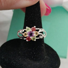Load image into Gallery viewer, Sterling Silver Amethyst, Garnet, Peridot + Citrine Flower Ring, size 4.75