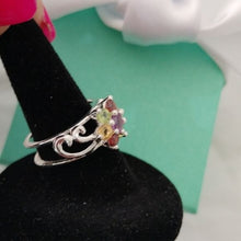 Load image into Gallery viewer, Sterling Silver Amethyst, Garnet, Peridot + Citrine Flower Ring, size 4.75