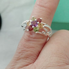 Load image into Gallery viewer, Sterling Silver Amethyst, Garnet, Peridot + Citrine Flower Ring, size 4.75