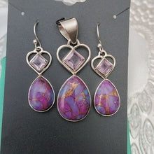 Load image into Gallery viewer, Ster Silver, Purple Turquoise Amethyst Heart and Oval Pendant Earrings Set
