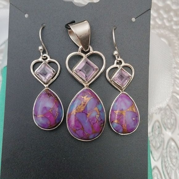 Ster Silver, Purple Turquoise Amethyst Heart and Oval Pendant Earrings Set