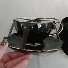 Load image into Gallery viewer, Halloween Elegance Scalloped Edge Black + Gold Goth Chandelier Coffee Tea Cups + Sauce…
