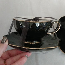Load image into Gallery viewer, Halloween Elegance Scalloped Edge Black + Gold Goth Chandelier Coffee Tea Cups + Sauce…