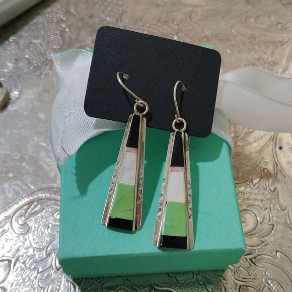 Sterling Silver, Turquoise, Jet + Mother-of-Pearl Earrings by Theresa Joe Navajo