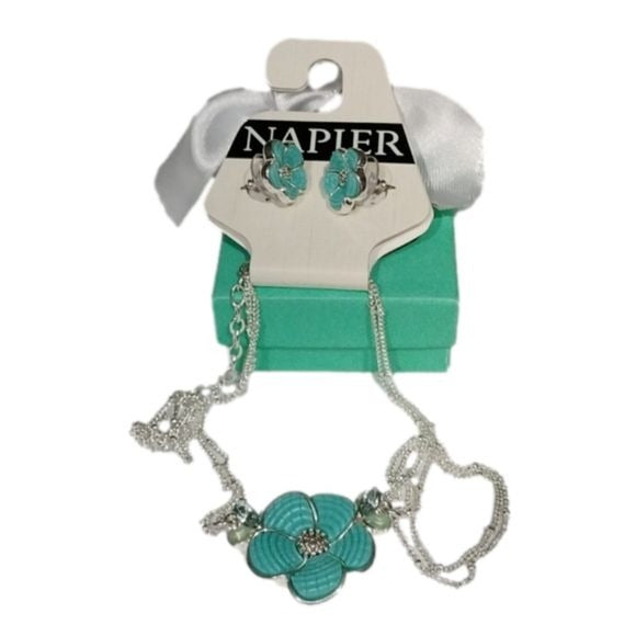 Napier Silver tone with  Textured Teal Flower Necklace & Earrings Set