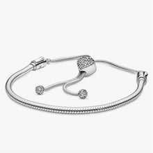 Load image into Gallery viewer, Pandora Moments Pavé Heart Clasp Snake Chain Slider Bracelet 11" adjustable