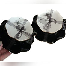 Load image into Gallery viewer, Halloween Elegance Scalloped Edge Black + Gold Goth Chandelier Coffee Tea Cups + Sauce…