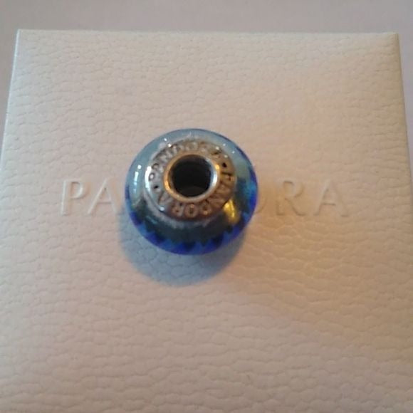 Pandora Blue Stripes Murano Glass Bead Charm Retired 925 ALE 790611