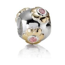 Load image into Gallery viewer, Pandora Sterling Silver + 14K Gold Raised Flower Bead w/ Pink Zirconia 790207pcz