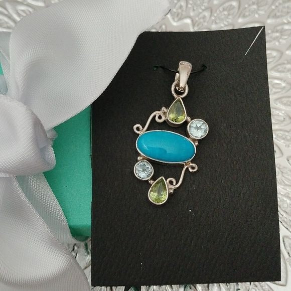 Sterling Silver, Turquoise, Topaz + Peridot Oval Pendant