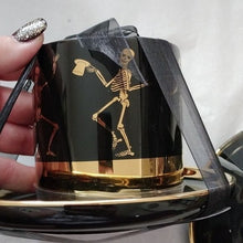 Load image into Gallery viewer, Halloween Elegance Black + Gold Whimsical Skeletons Posing Coffee Tea Cups + Saucers, Set2