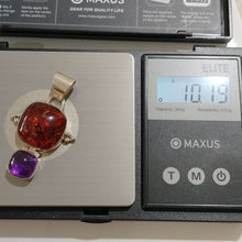 Load image into Gallery viewer, Signed Lori Bonn Sterling Silver, Amber + Amethyst Cushion Pendant
