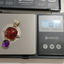 Load image into Gallery viewer, Signed Lori Bonn Sterling Silver, Amber + Amethyst Cushion Pendant