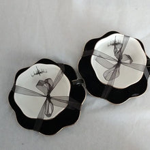 Load image into Gallery viewer, Halloween Elegance Scalloped Edge Black + Gold Goth Chandelier Coffee Tea Cups + Sauce…