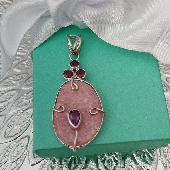 Artisan Sterling Silver, Pink Thulite, Garnet + Amethyst Healing Pendant